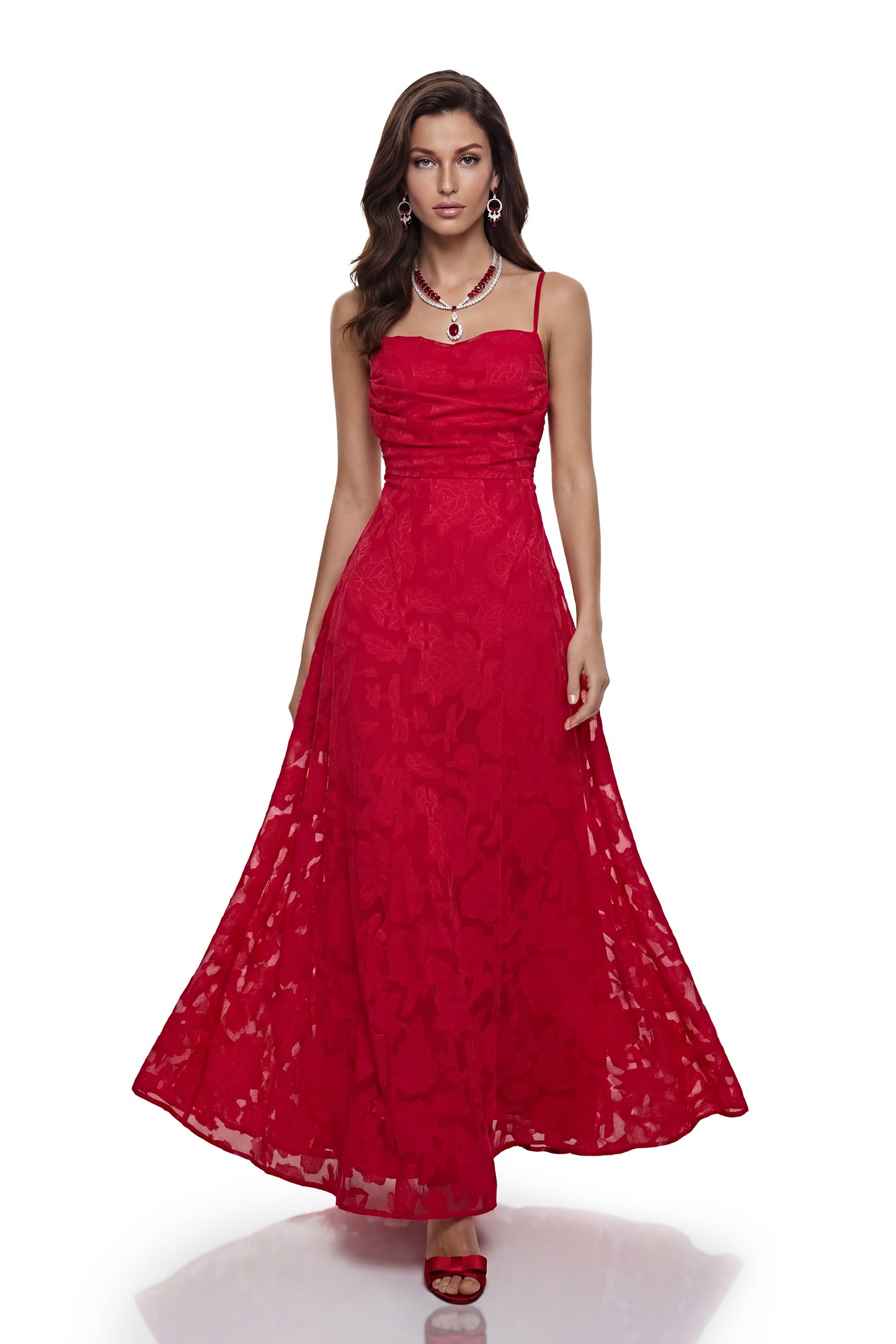 Oriane Red Floral Lace Maxi Dress