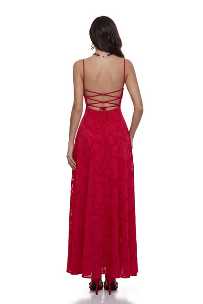Oriane Red Floral Lace Maxi Dress