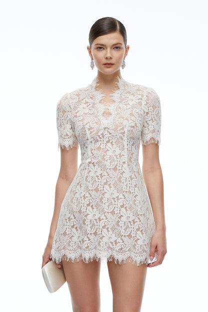 Orinthia White V-Neck Lace Mini Dress