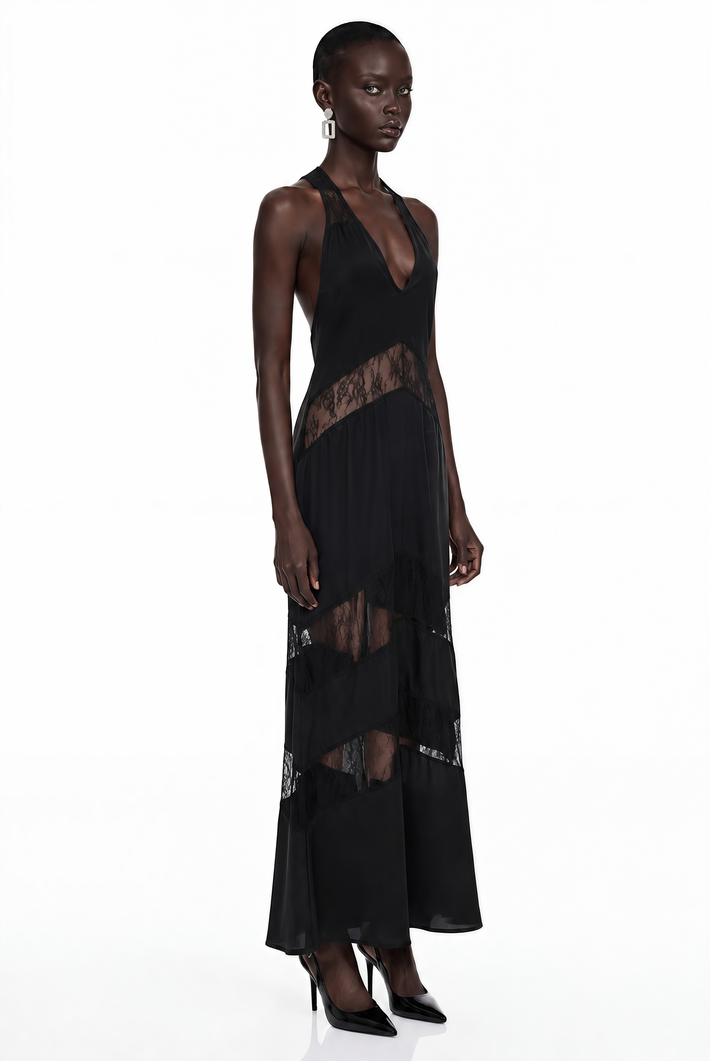Otago Black Halterneck Maxi Dress with Lace Panels