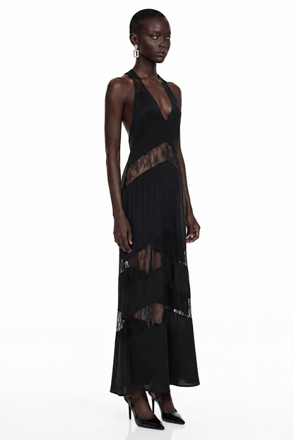 Otago Black Halterneck Maxi Dress with Lace Panels