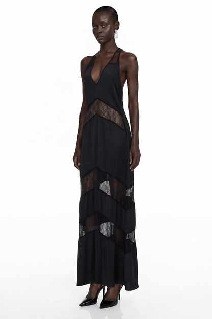 Otago Black Halterneck Maxi Dress with Lace Panels