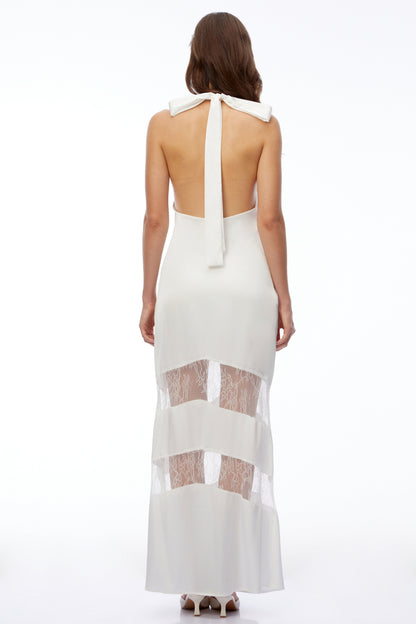Otago White Halterneck Maxi Dress with Lace Panels