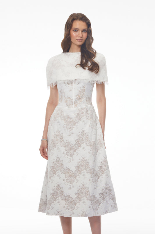 Zohar White Floral Lace Midi Dress with Cape