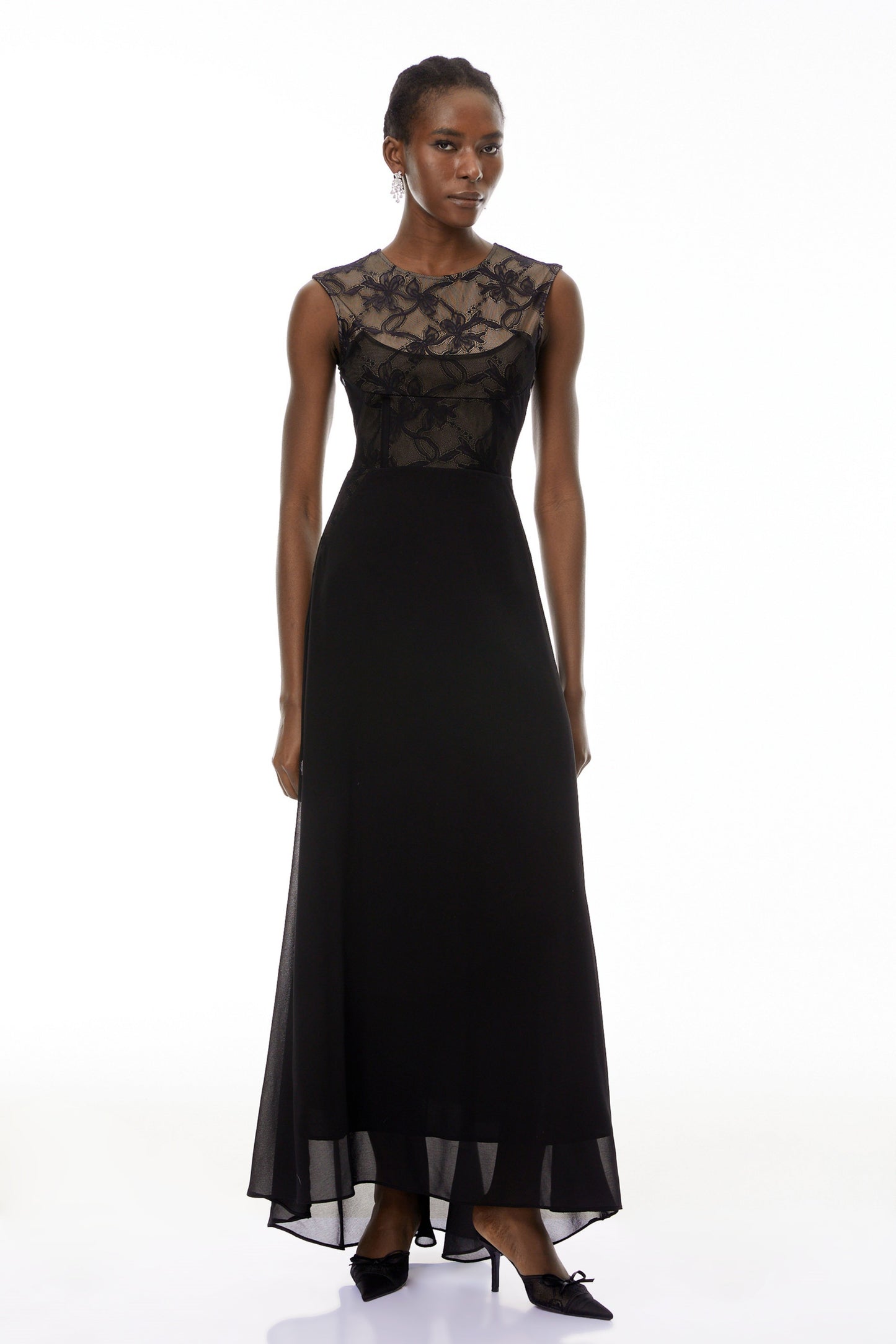 Ottilie Black Lace Panel Asymmetrical Maxi Dress