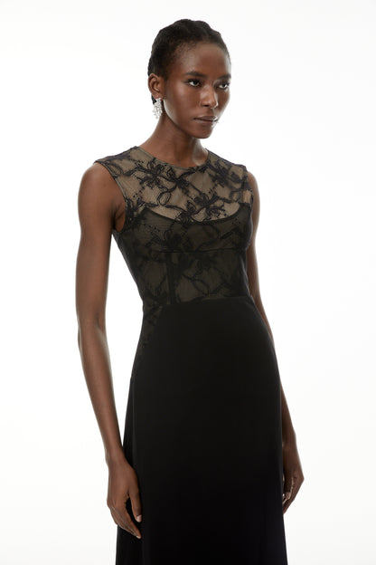 Ottilie Black Lace Panel Asymmetrical Maxi Dress