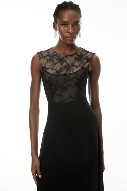 Ottilie Black Lace Panel Asymmetrical Maxi Dress
