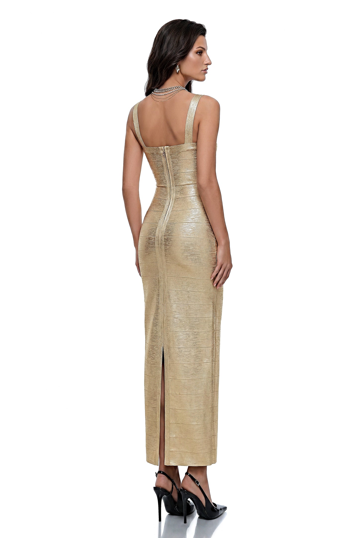 Ottilie Gold Metallic Foil Effect Maxi Dress