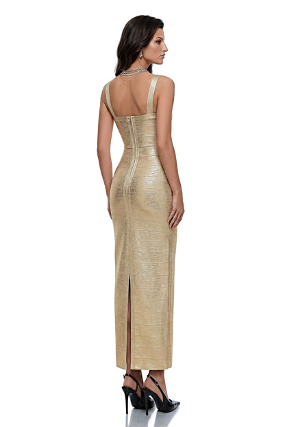 Ottilie Gold Metallic Foil Effect Maxi Dress