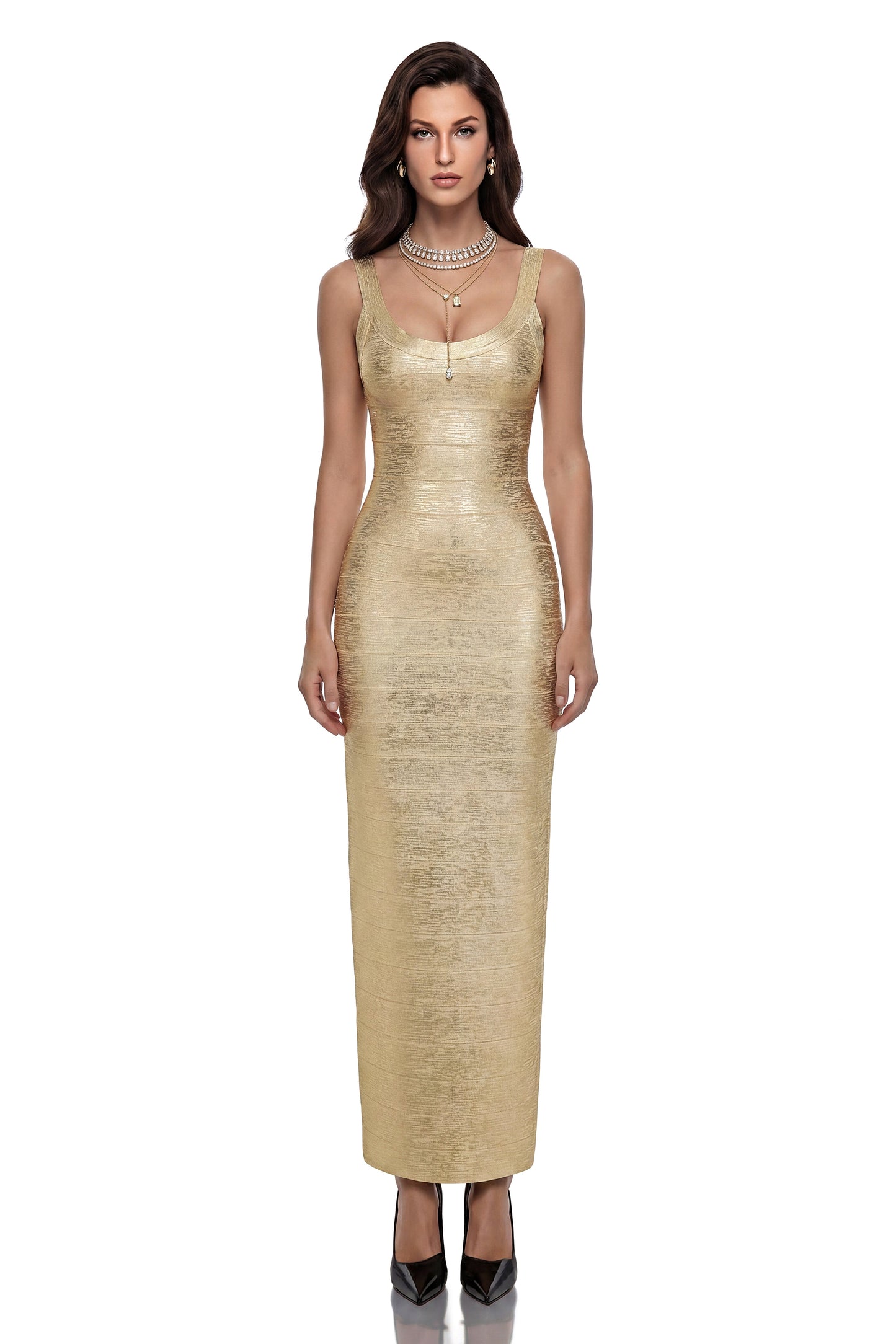 Ottilie Gold Metallic Foil Effect Maxi Dress