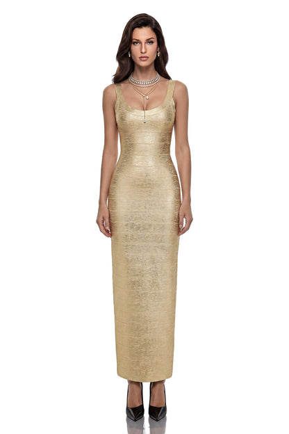 Ottilie Gold Metallic Foil Effect Maxi Dress