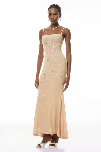 Ottilie Neutral Open Back Embellished Maxi Dress