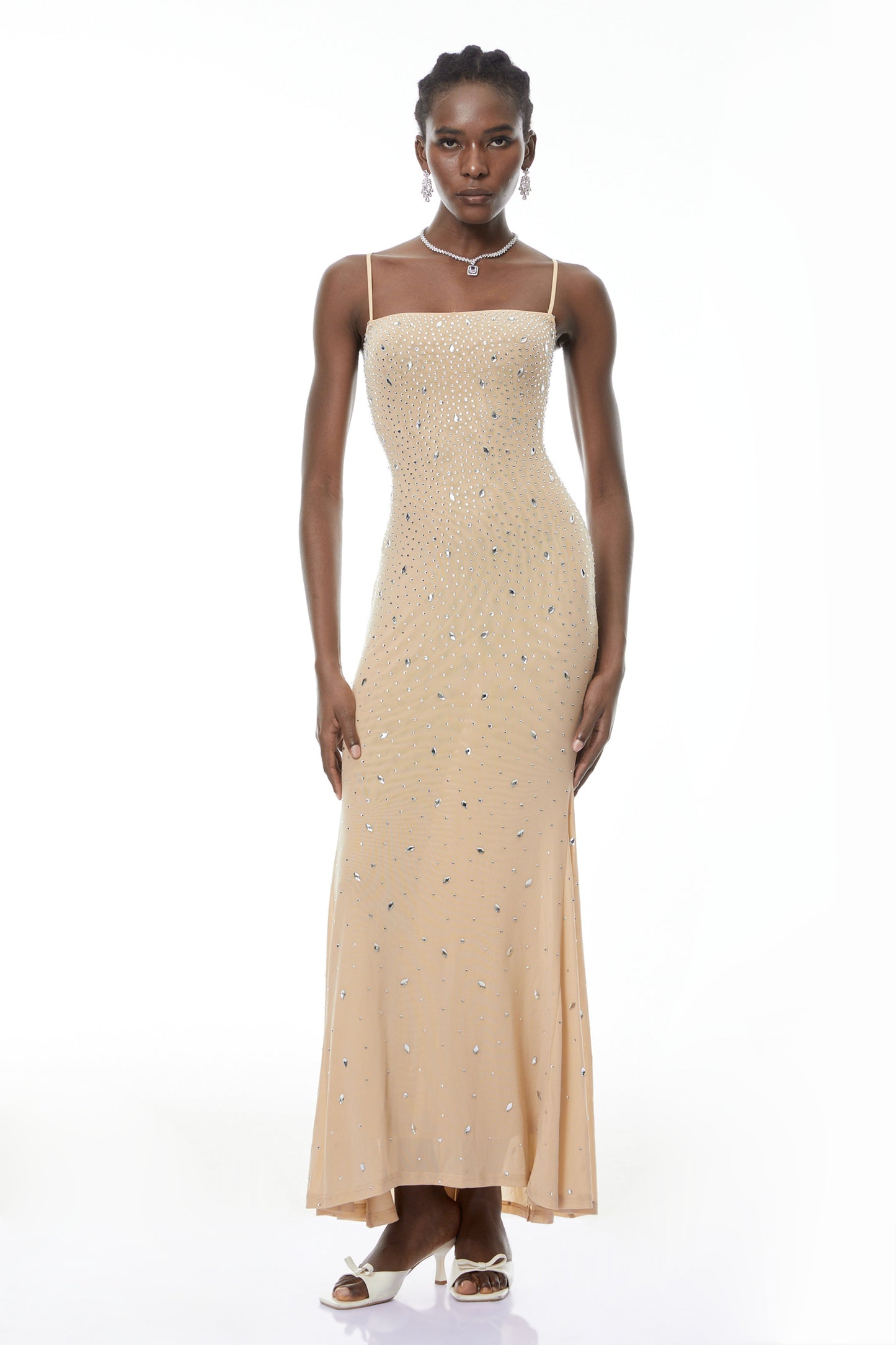 Ottilie Neutral Open Back Embellished Maxi Dress