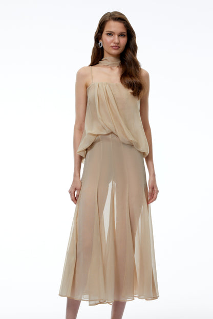 Ottoline Champagne Mesh Draped Maxi Dress