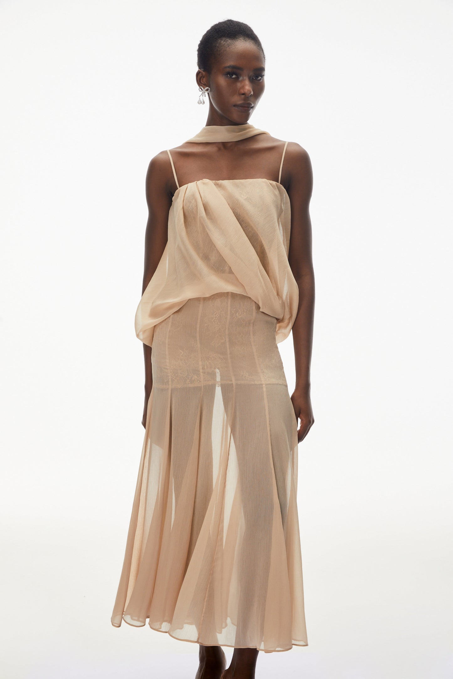 Ottoline Champagne Mesh Draped Maxi Dress