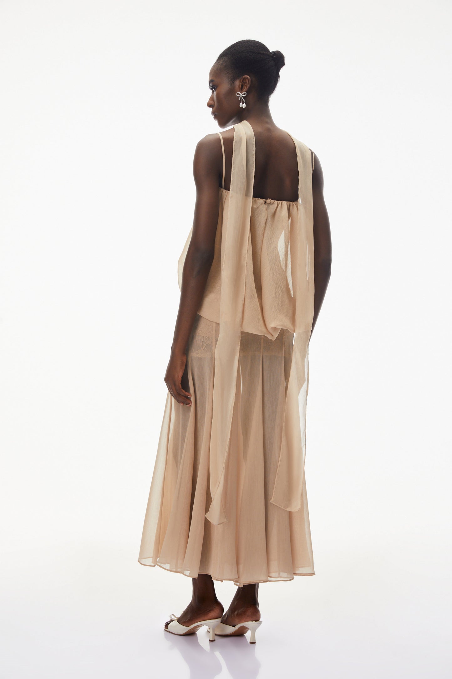 Ottoline Champagne Mesh Draped Maxi Dress