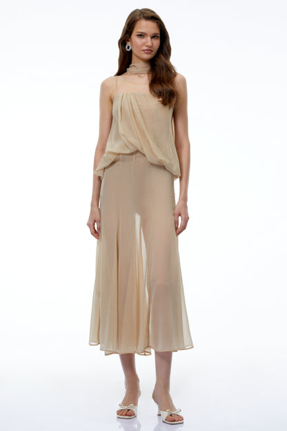 Ottoline Champagne Mesh Draped Maxi Dress