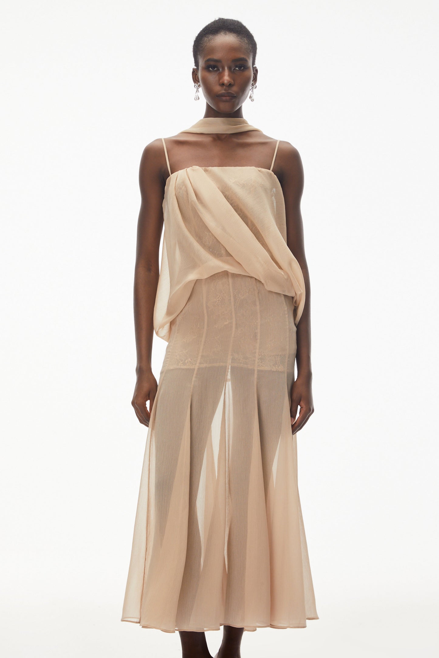 Ottoline Champagne Mesh Draped Maxi Dress