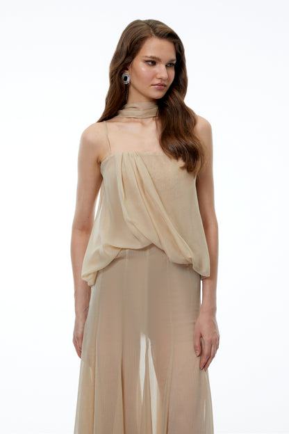Ottoline Champagne Mesh Draped Maxi Dress