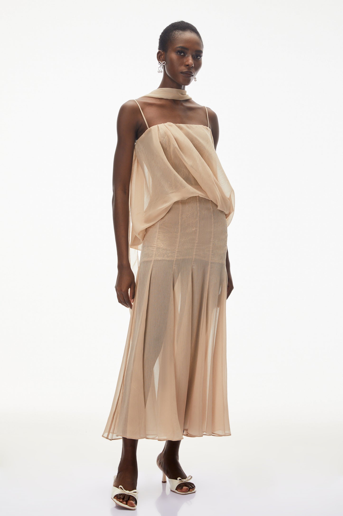 Ottoline Champagne Mesh Draped Maxi Dress