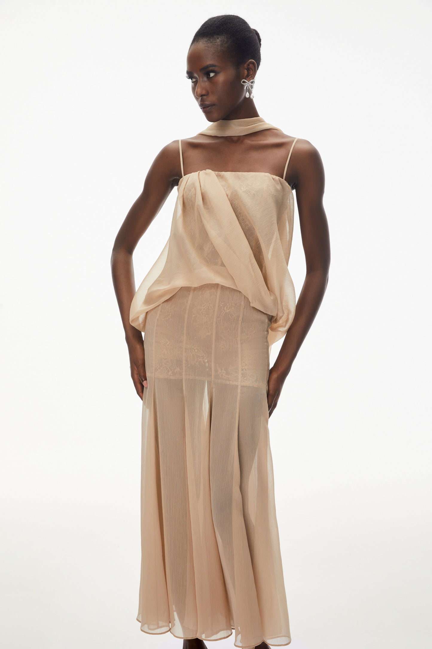 Ottoline Champagne Mesh Draped Maxi Dress