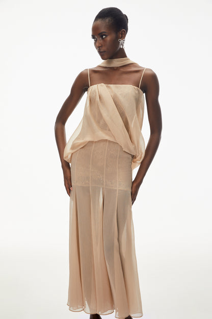 Ottoline Champagne Mesh Draped Maxi Dress
