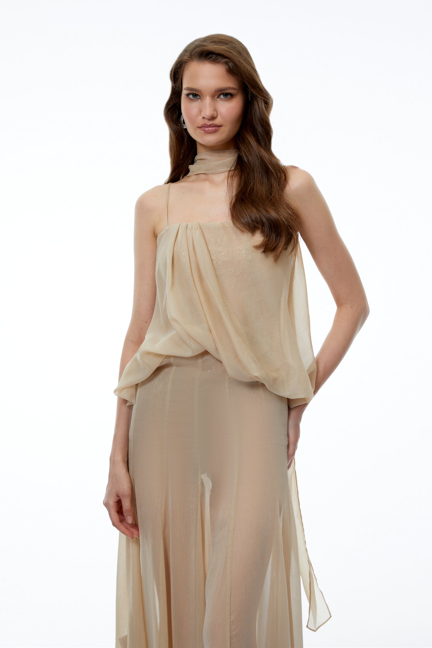 Ottoline Champagne Mesh Draped Maxi Dress