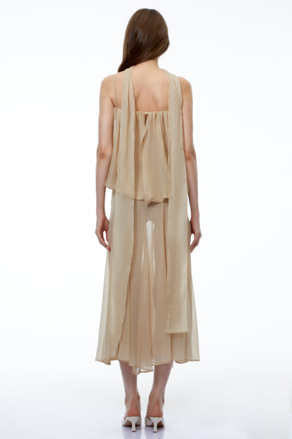 Ottoline Champagne Mesh Draped Maxi Dress