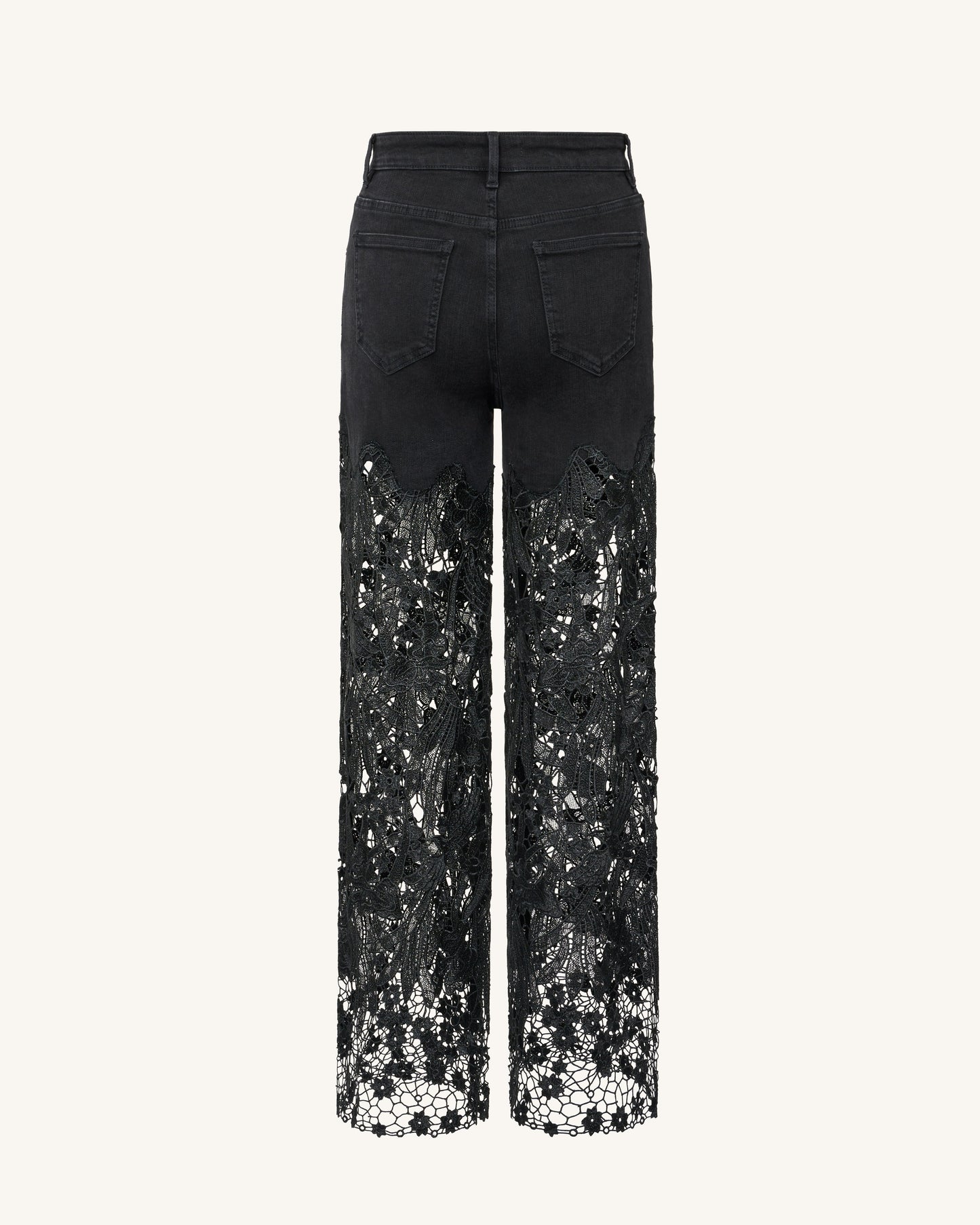 Embroidery High Rise Wide Leg Lace Denim Jeans With Rhinestone - Black