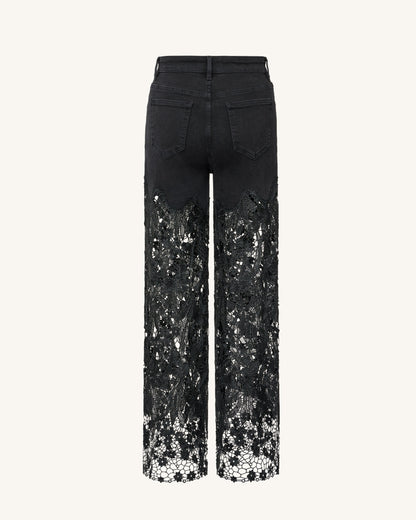 Embroidery High Rise Wide Leg Lace Denim Jeans With Rhinestone - Black