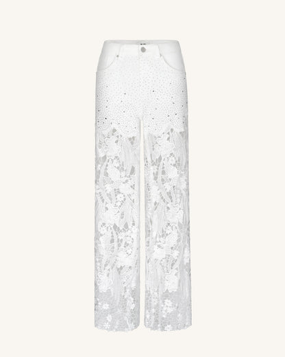 Embroidery High Rise Wide Leg Lace Denim Jeans With Rhinestone - White