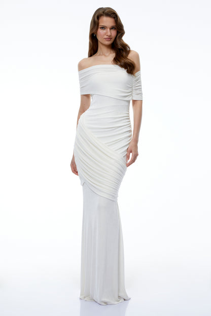 Paige White Off Shoulder Ruffled Fishtail Maxi Dress