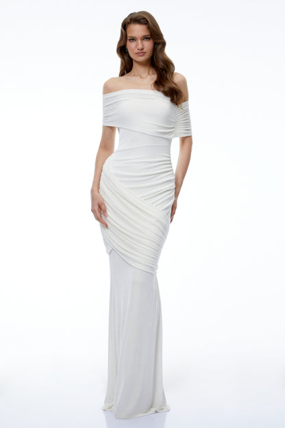 Paige White Off Shoulder Ruffled Fishtail Maxi Dress