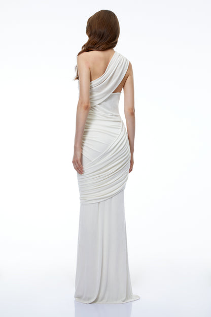 Paige White Off Shoulder Ruffled Fishtail Maxi Dress