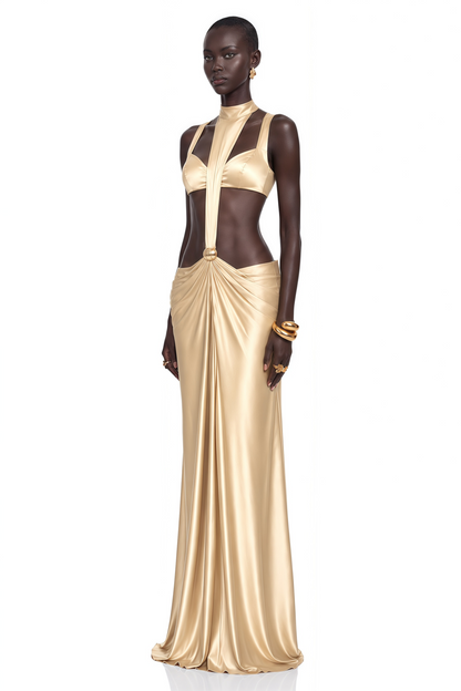 Paloma Gold Cut-Out Halterneck Satin Maxi Dress