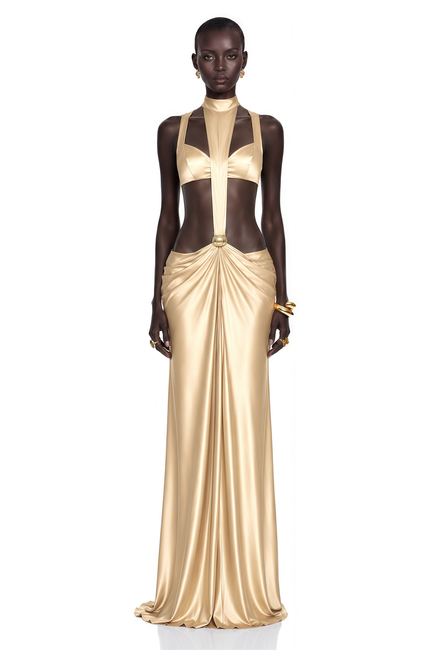 Paloma Gold Cut-Out Halterneck Satin Maxi Dress