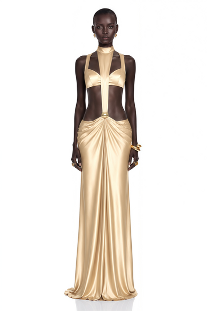 Paloma Gold Cut-Out Halterneck Satin Maxi Dress