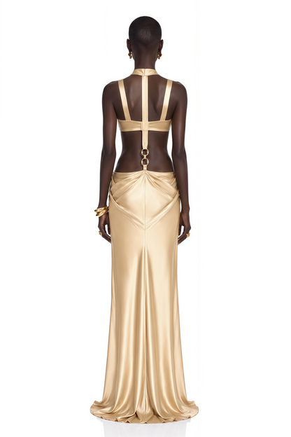 Paloma Gold Cut-Out Halterneck Satin Maxi Dress