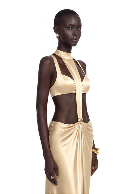 Paloma Gold Cut-Out Halterneck Satin Maxi Dress