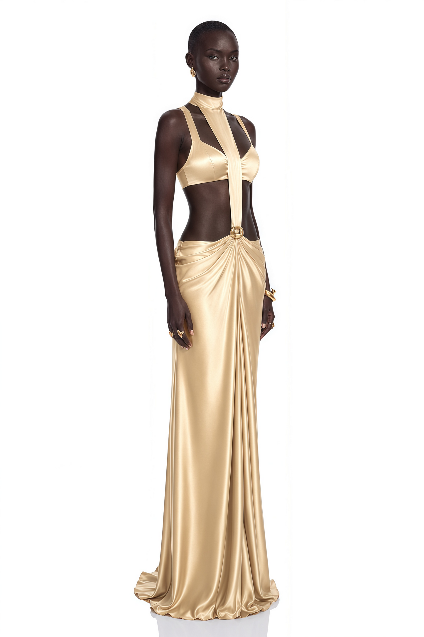 Paloma Gold Cut-Out Halterneck Satin Maxi Dress