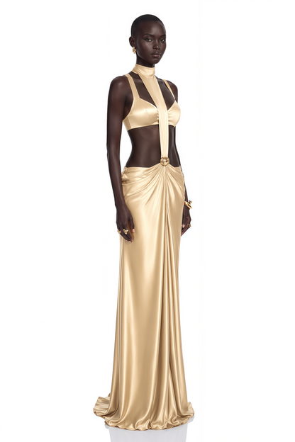 Paloma Gold Cut-Out Halterneck Satin Maxi Dress