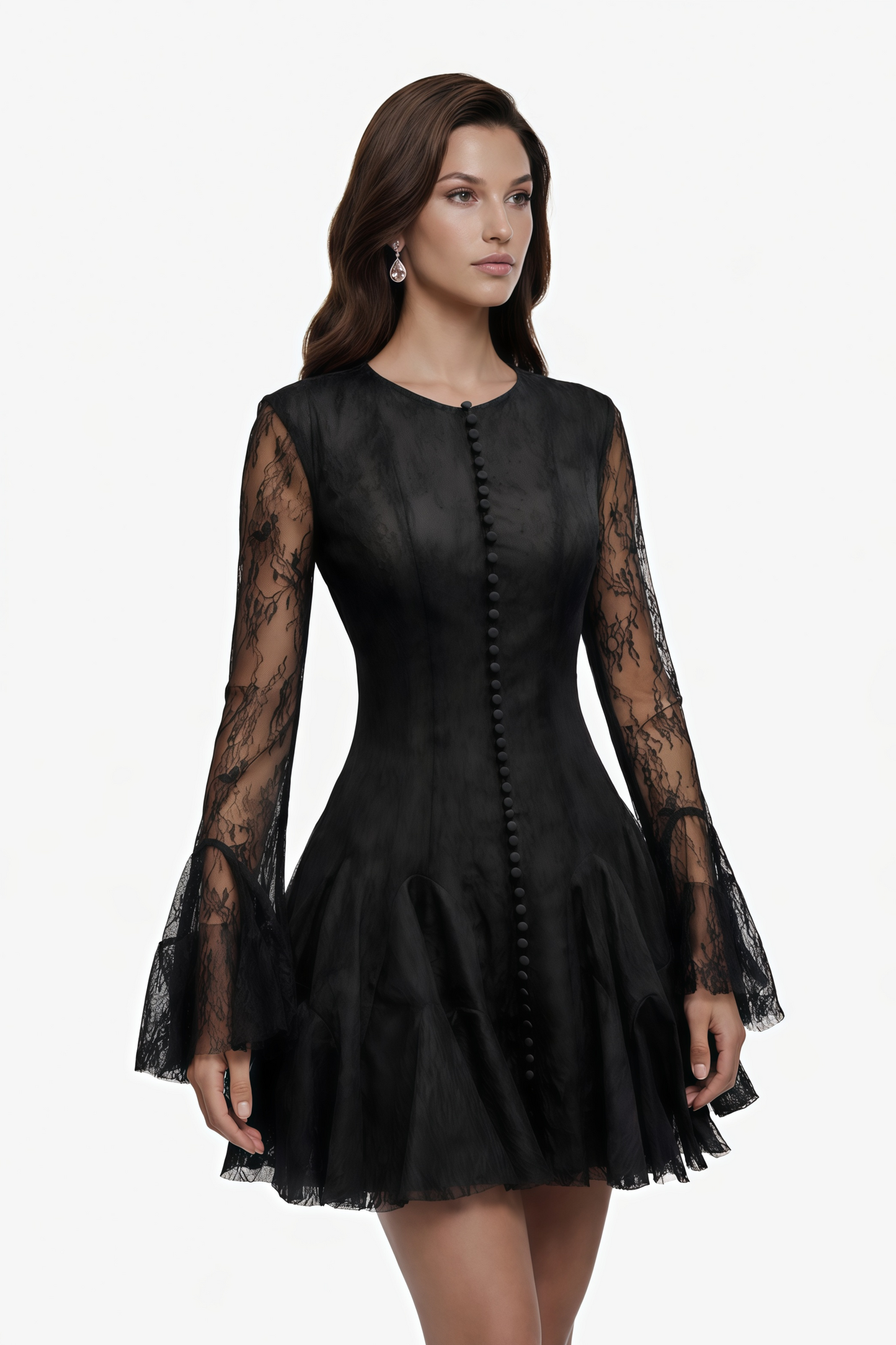 Pamela Black Ruffled Mini Dress with Lace Panels