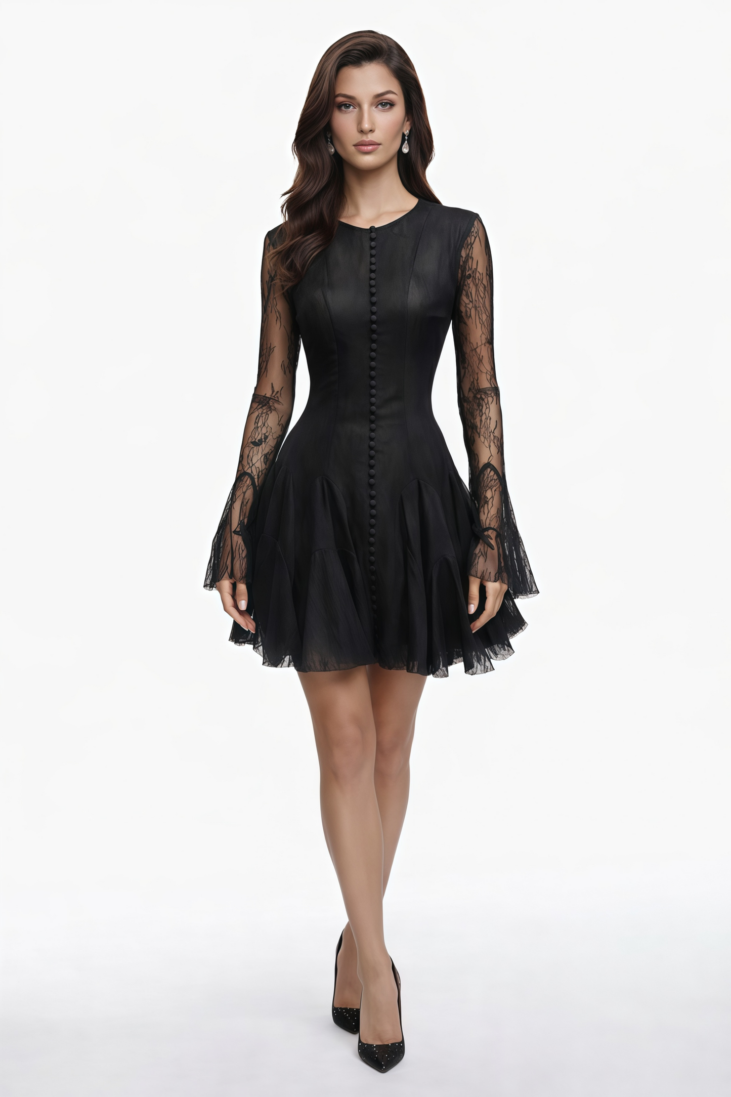 Pamela Black Ruffled Mini Dress with Lace Panels