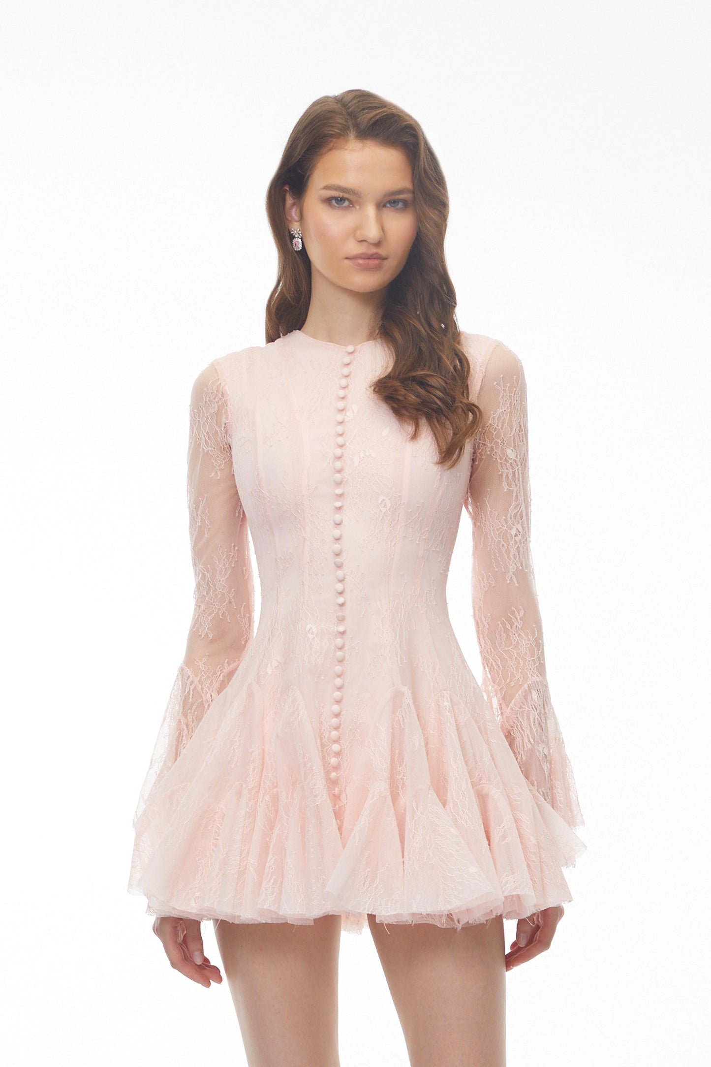Pamela Pink Ruffled Mini Dress with Lace Panels