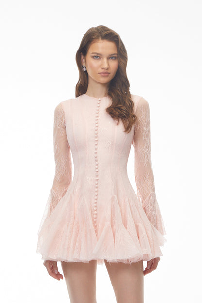 Pamela Pink Ruffled Mini Dress with Lace Panels