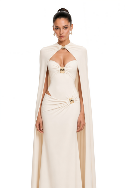 Patricie White Ruched Maxi Dress & Cape Set with Metal Hardware