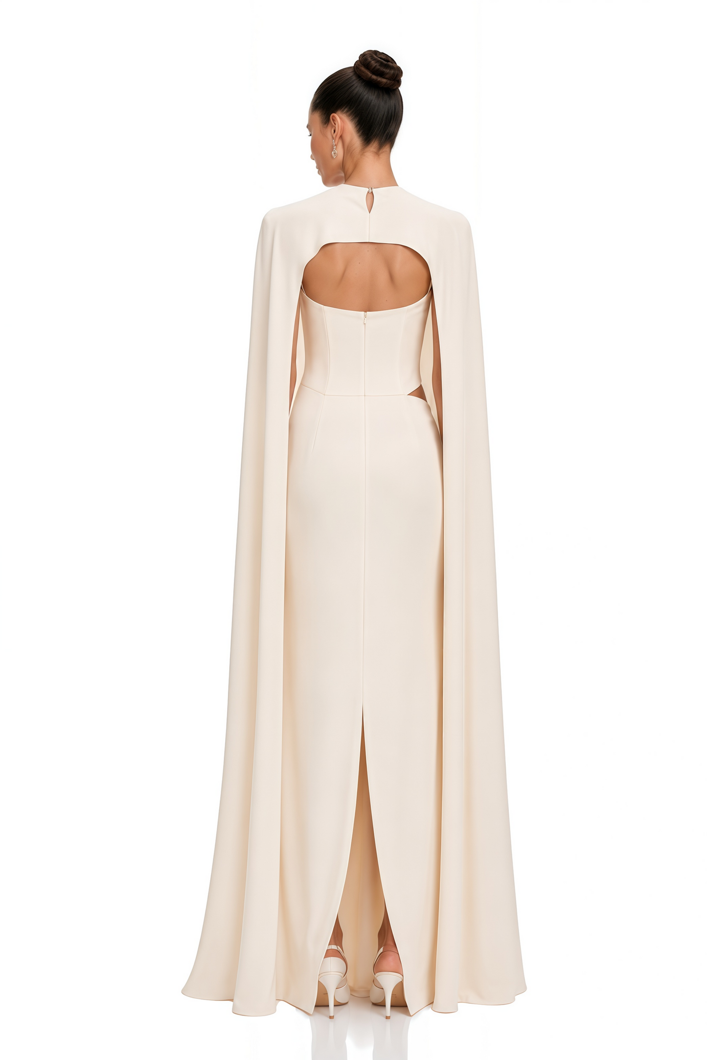 Patricie White Ruched Maxi Dress & Cape Set with Metal Hardware