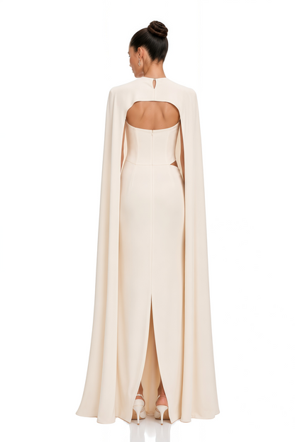 Patricie White Ruched Maxi Dress & Cape Set with Metal Hardware