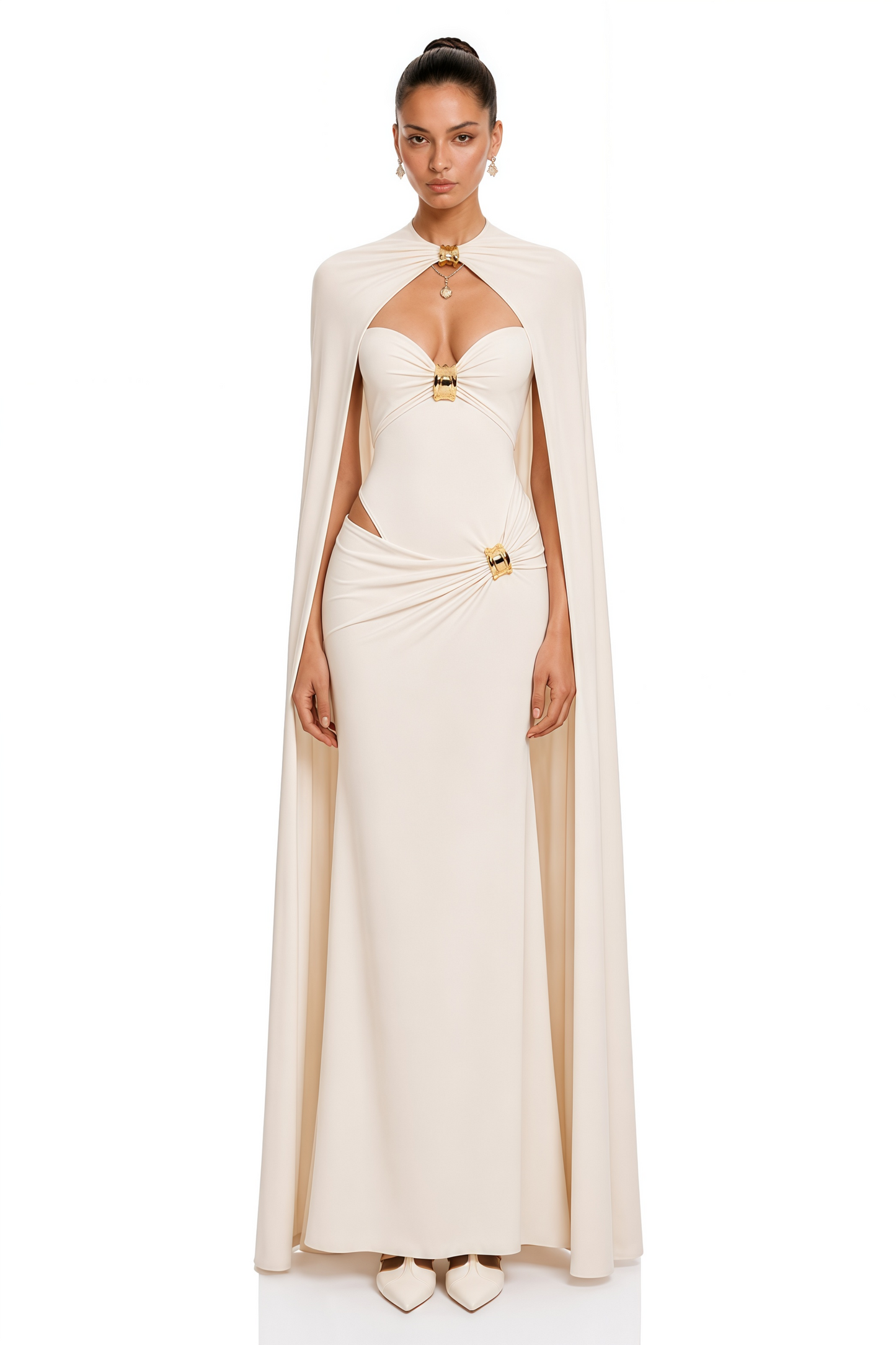 Patricie White Ruched Maxi Dress & Cape Set with Metal Hardware