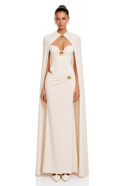 Patricie White Ruched Maxi Dress & Cape Set with Metal Hardware